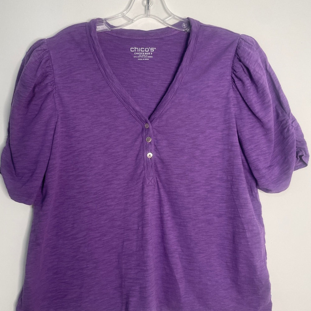 Chico's Purple V-Neck Shirt with Puff Short Sleeves Size 3